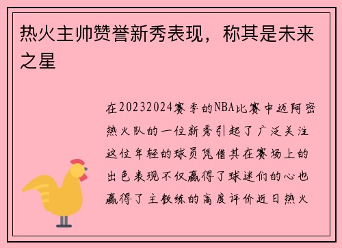 热火主帅赞誉新秀表现，称其是未来之星